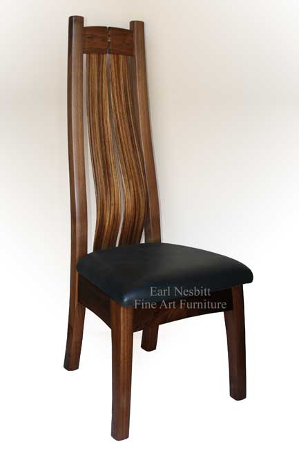 custom made dining chair showing cushioned black leather seat